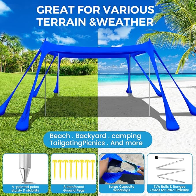 Large Beach Tent Canopy Pop Up Shade 10x10ft Sun Shelter Portable with UPF50+ UV Protection 8 Sandbags 4 Aluminum Poles 2 Sand Shovel Ground Pegs Carrying Bag for Outdoor Camping Fishing Yard Picnics