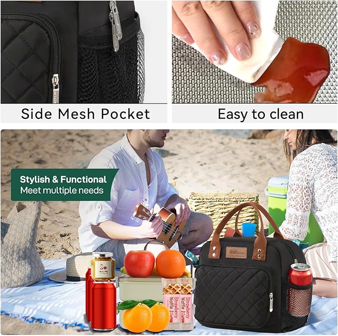 Buringer HOMESPON Lunch Bag for Woman Man Adults with Front Pocket Insulated Lunch Tote Lunch Box Container for Work Picnic or Travel (Black with Side Pockets)