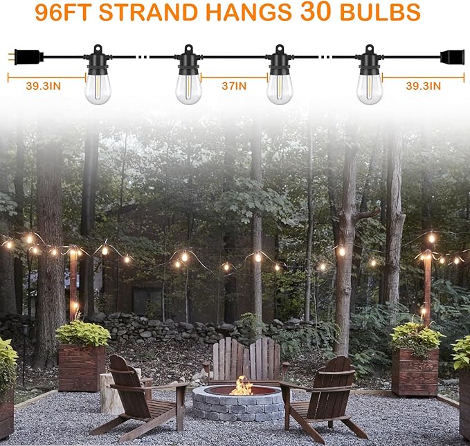 DGE Outdoor Long LED String Lights 96FT Patio String Light Shatterproof & Waterproof IP65, 18 AWG UL Listed Wire Bright String Light for Patio, Backyard, Gazebo, Porch, Wedding Party