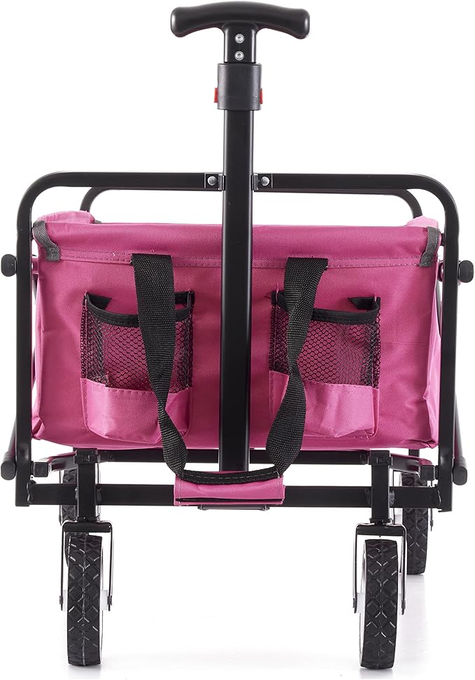 Seina Heavy Duty Steel Compact Collapsible Folding Outdoor Portable Utility Cart Wagon with All Terrain Rubber Wheels and 150 Pound Capacity, Red