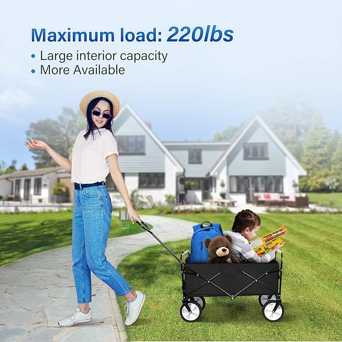YSSOA Rolling Folding & Rolling Collapsible Garden Cart, Outdoor Camping Wagon Utility with 360 Degree Swivel Wheels & Adjustable Handle, Black 220lbs Weight Capacity Rolling Collapsible Garden Cart