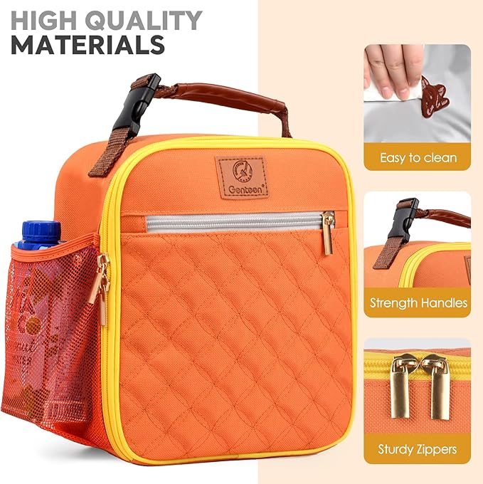 Lunch Box Reusable Lunch Bag for Men Women Kids Adults,Insulated Lunch Bag Waterproof Lunch Box Cooler,Small LunchBox With Side Pockets for Work Office School Travel Picnic-Orange