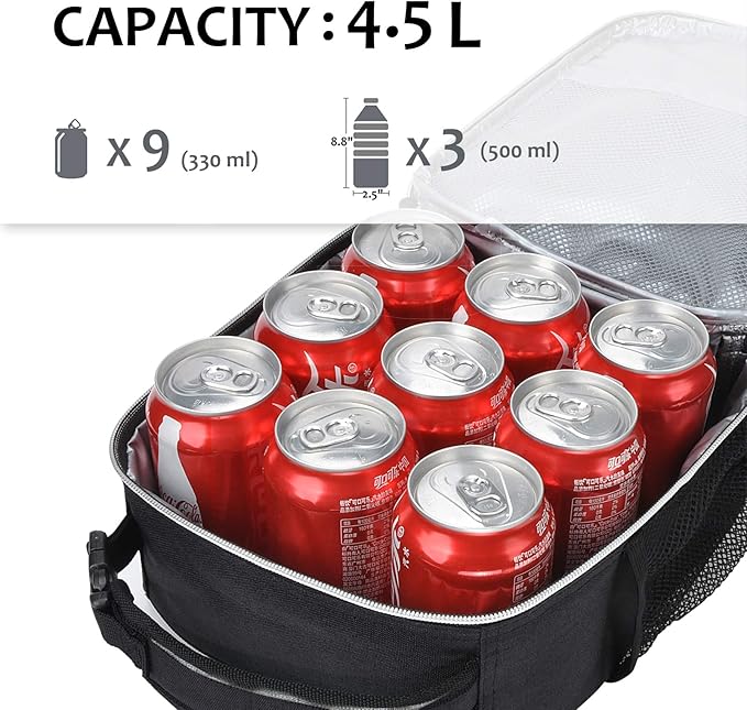 Tirrina Insulated Lunch Box for Men Women, Portable Thermal Small Lunch Bag for Office Work Picnic, Reusable Compact Lunchbox Cooler Tote for Adults,Black & Grey