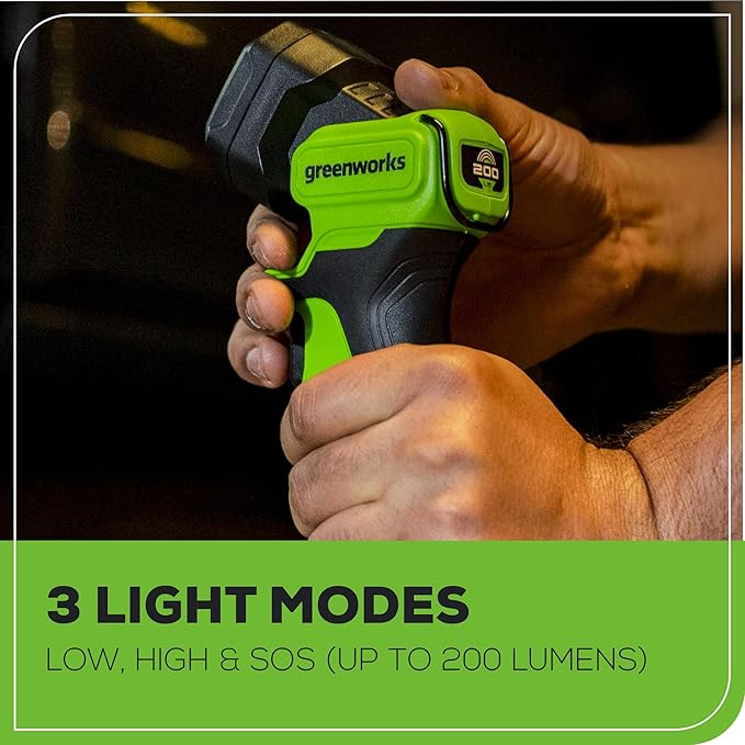 Greenworks 24V Cordless LED Flash Light, 200 lumes Handheld Work Light, Pivoting Head, 3 Lighting Modes, Hanging Hook, with 2Ah Battery and Charger