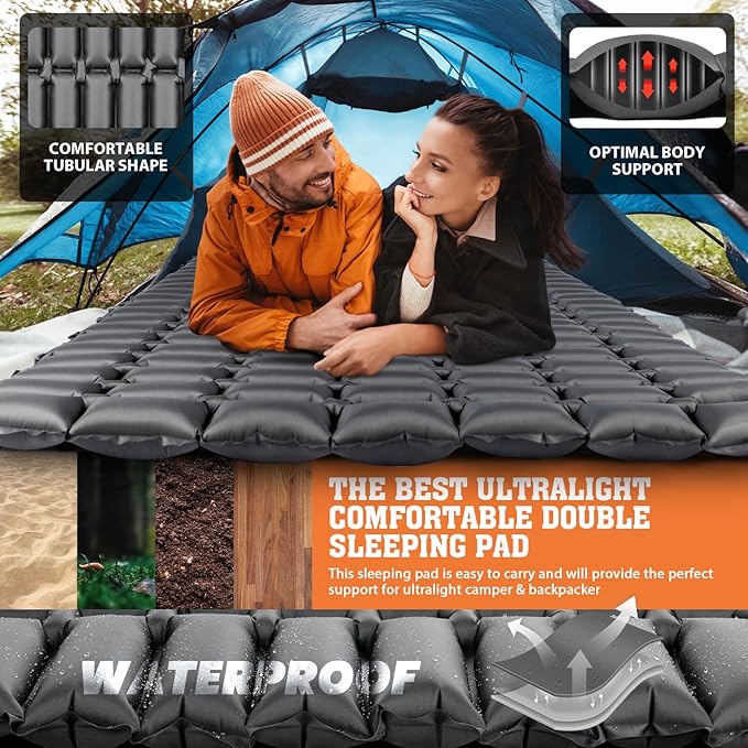 Hikenture Ultralight Double Sleeping Pad, Camping Mattress 2 Person for Backpacking, Hiking,Compact&Inflatable Outdoor Air Mat