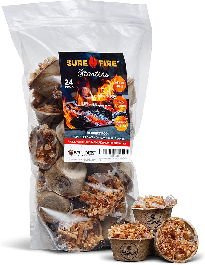 Walden Backyards Natural Sure-Fire Starters - Fire Starters for Campfires, Fire Pits, Grills & BBQ - Waterproof & Weather-Resistant - 24 Pack