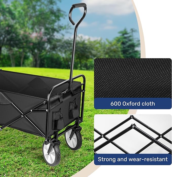 YSSOA Rolling Folding & Rolling Collapsible Garden Cart, Outdoor Camping Wagon Utility with 360 Degree Swivel Wheels & Adjustable Handle, Black 220lbs Weight Capacity Rolling Collapsible Garden Cart