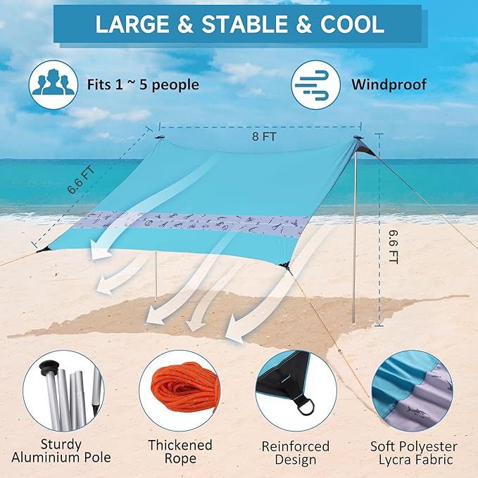 VILLEY Beach Tent Sun Shelter with UPF50+ Protection for 5 Person, 8x7FT Portable Sun Shade with 2 Stability Poles and 4 Sandbags, Outdoor Beach Canopy for Camping, Picnics, Fishing, Outdoors(Blue)