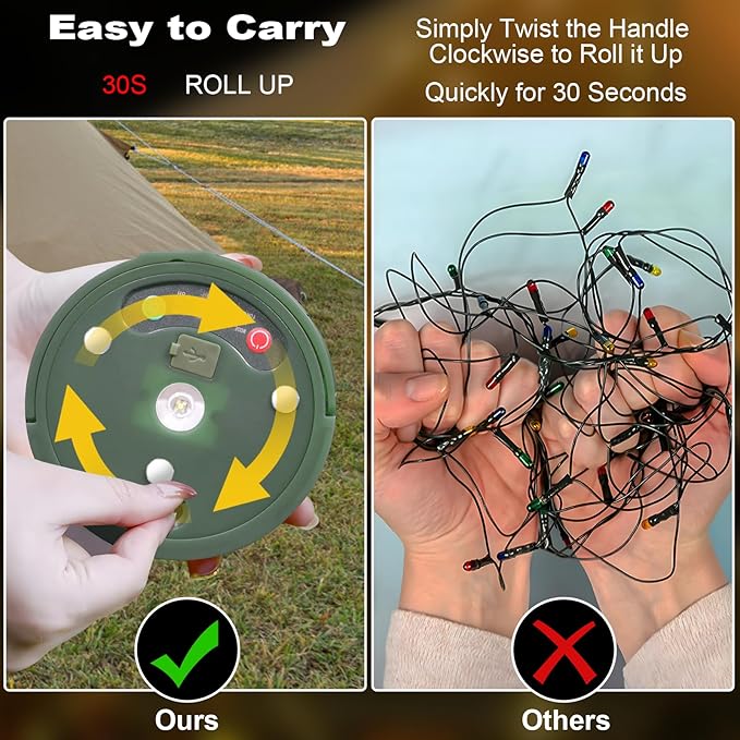 HELESIN Outdoor Waterproof Portable Stowable String Light, 3 in 1 Camping String Lights Outdoor with 8 Lighting Modes, USB Rechargeable Tent Lights for Camping, Hiking, Yard, RV (Warm Light)