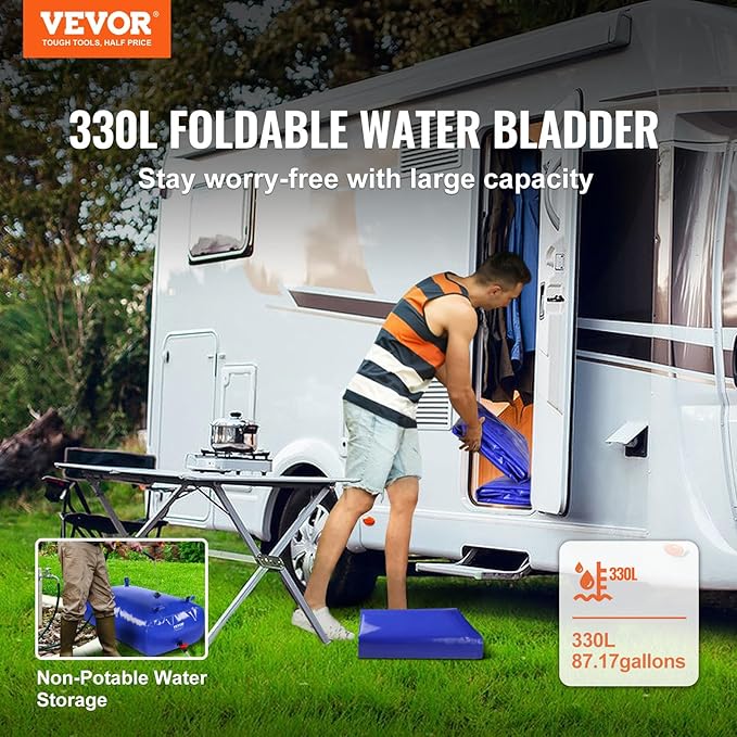 VEVOR 330L/87.17 Gallon Water Storage Bladder, RV Water Tank, 1000D Blue PVC Collapsible Water Storage Containers, Large Capacity Soft Water Bag, Portable Water Bladder, for Garden Irrigation, Camping