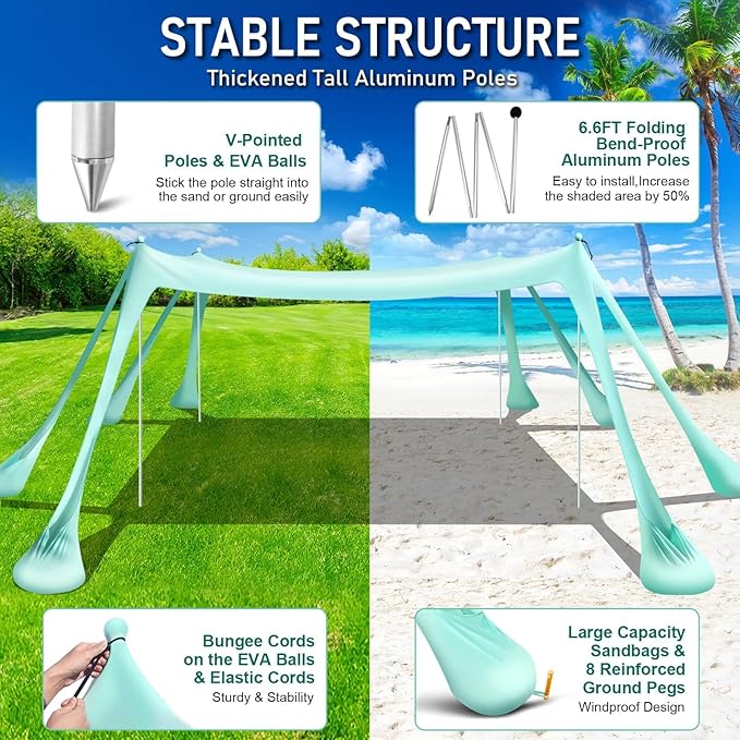 Beach Tent Sun Shelter Beach Canopy Tent Sun Shade Pop Up 10x10 UPF50+ with 8 Sandbags-2 Sand Shovel-Portable 4 Aluminum Poles-Ground Pegs-Easy Setup for Outdoor Family Camping Fishing Picnic