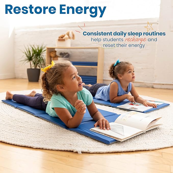 ECR4Kids Everyday Folding Rest Mat, 4-Section, 5/8in, Sleeping Pad, Blue/Grey, 5-Pack
