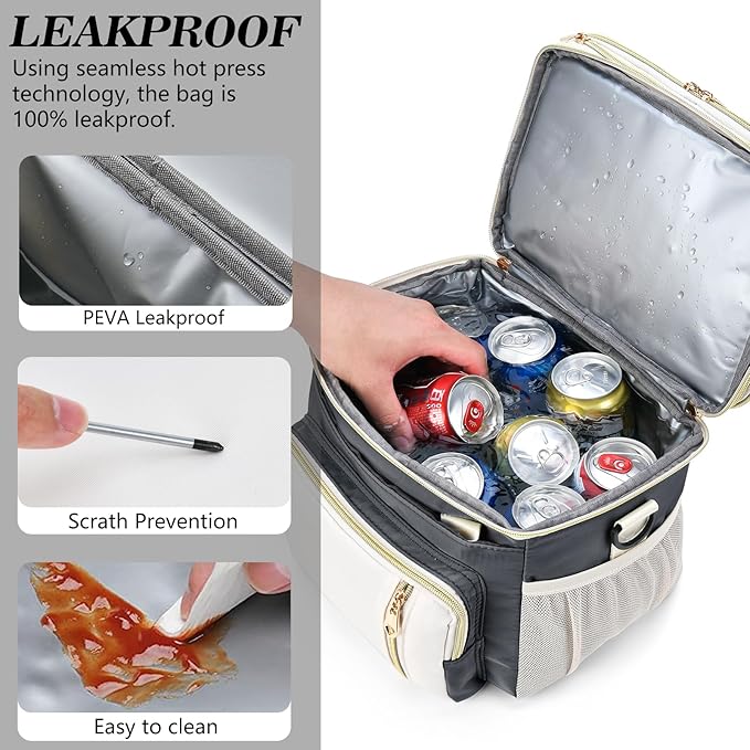 Lunch Box & Lunch Bag for Women Men, Large Insulated Adult Lunch Box Leakproof Lunchbox Cooler Bag for Work Picnic Beach,16L, Grey & White