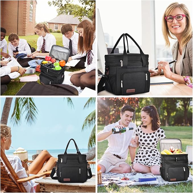 LOKASS Lunch Box for Women, 16L, Double Deck Expandable Insulated Lunch box For Adults/Women Thermal Large Waterproof Leakproof Cooler Bag with Shoulder Strap - Black