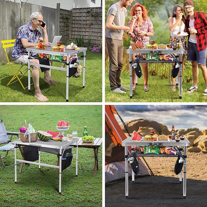 Nice C Square Table for Grill, Folding Table, Camping Table, Outdoor Table, Card Table, Height Adjustable, Mesh Bag Lightweight, Carry Handle, Aluminum (23.6"x23.6" White)