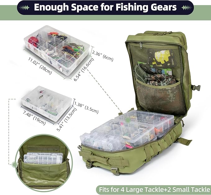 45l Large Fishing Tackle Backpack with Removable Plier Holder & Rod Holders, Green Tactical Bag, Fishing Gear and Tackle Box Organizer, Hiking Rucksack without Tackle Box