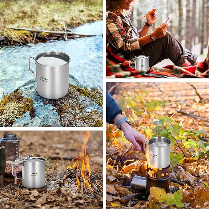 LIXADA Camping Cup Pot,750ml Stainless Steel Water Cup Mug with Foldable Handles and Lid for Outdoor Camping Hiking Backpacking