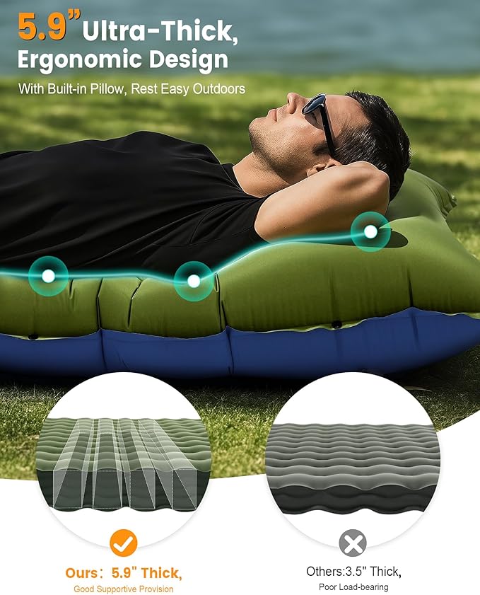 Camping Sleeping Pad,5.9 Inch Thick Camping Mat with Built in Pillow and Foot Pump,Self Inflating Sleeping Pad Ultralight for Camping Backpacking Tent（Green