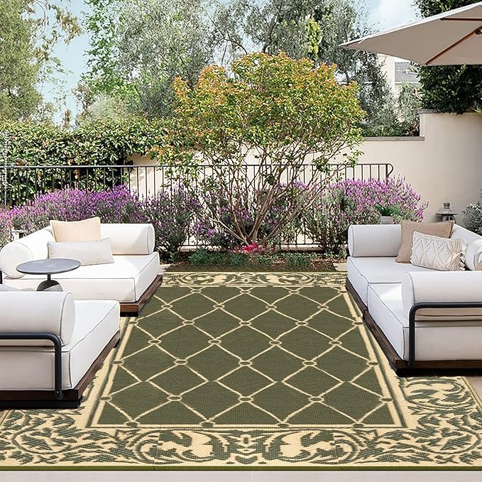 OutdoorLines Indoor Outdoor Rugs for Patio 5x8 ft - Reversible Outside Carpet, Stain & UV Resistant Portable RV Mat, Plastic Straw Rug for Camping, Pool Deck, Porch Rhombus Deep Lichen Green & Vanilla
