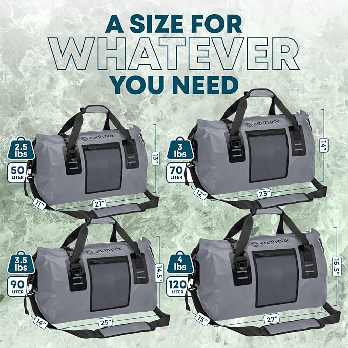 Earth Pak Waterproof Duffel Bag - Heavy Duty Motorcycle Dry Bag with Large Storage Space Perfect for Traveling, Camping, Kayaking, Fishing & Canoeing Bag 50L/70L/90L/120L Sizes