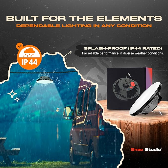 Portable LED Hanging Tent Lights for Camping - Splash Proof IP44 Rated Solar Camping Light Rechargeable - ABS Water Resistant Canopy Lights Outdoor - Chrome Hook for Hanging Downlight - Pack 2