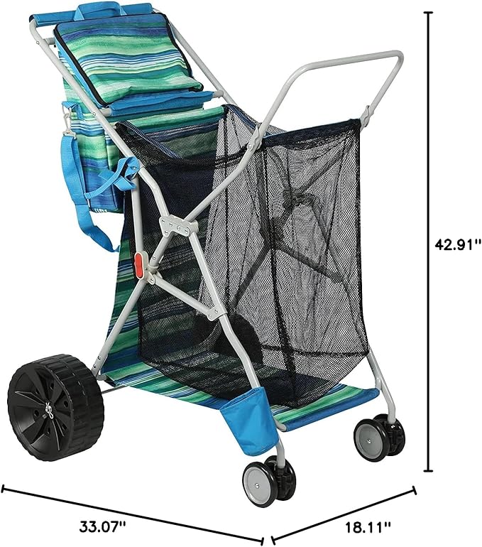 Beach Cart with Big Wheels for Sand, Collapsible All-Terrain Beach Wagon with Cooler Bag & Umbrella Holder, Large Mesh Storage, Supports 100lbs for Camping, Outdoor, Shopping, Dark Blue