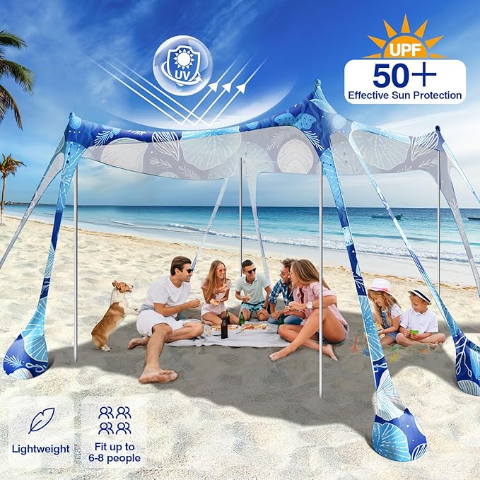 Rhino Valley Beach Tent Sun Shelter, 10x10FT Beach Canopy Tent Sun Shade UPF50+ Protection with 8 Sandbags 4 Stability Poles, Outdoor Beach Shade Canopy 6-8 People for Beach Camping Fishing