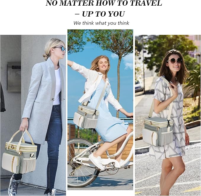 LOKASS Lunch Box for Women, 16L, Double Deck Expandable Insulated Lunch box For Adults/Women Thermal Large Waterproof Leakproof Cooler Bag with Shoulder Strap - Grey Green