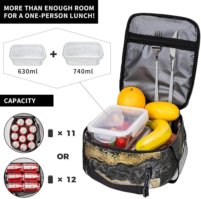 Black Grey Gold Marble Insulated Lunch Bag Reusable Cooler Lunch Box Portable Leakproof Thermal Container Tote Bags for Girls Boys School Travel