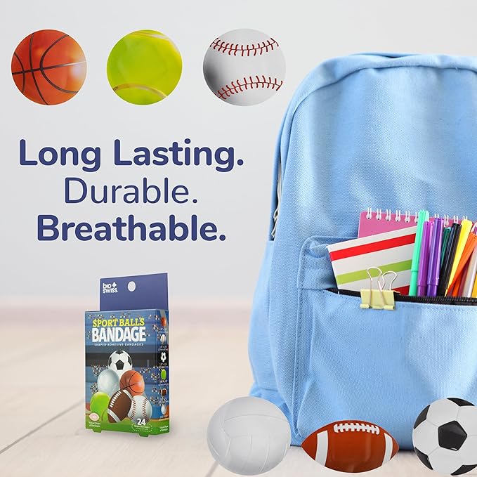 BioSwiss Bandages, Sports Balls Shaped Self Adhesive Bandage, Latex Free Sterile Wound Care, Fun First Aid Kit Supplies for Kids and Adults, 24 Count