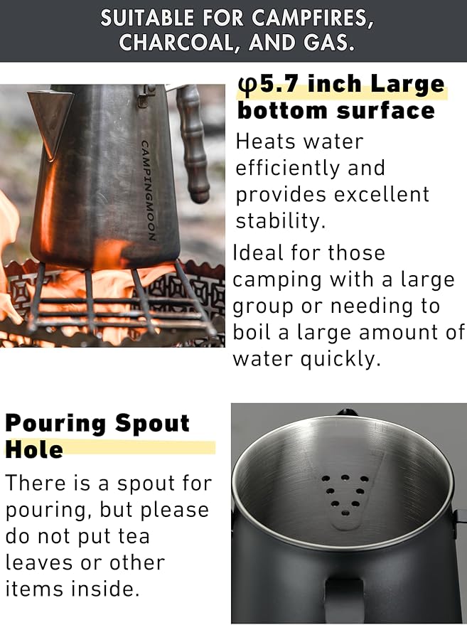 camping moon Stainless Steel Coffee Percolator Pot 1.5L (8 Cups) – Durable One-Piece Body, Gooseneck Spout & Removable Lid – Perfect for Camping & Outdoor Use SW-7