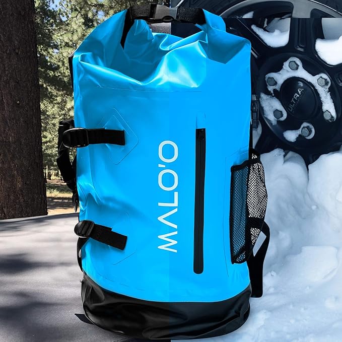 Malo'o 45L Waterproof Heavy Duty Backpack Dry Bags for Kayaking, Camping, Fishing, Hiking Daypack - Beach Accessories, Boat accessories, and Travel Gear - Fishing Rod Case Straps (Dark Blue)