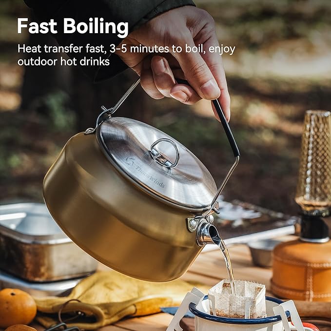 1L Camping Kettle, Portable Camp Tea Coffee Pot, Lightweight Stainless Steel Teapot, Fast Heating Boiling Water, for Outdoor Campfire Hiking Camping Picnic