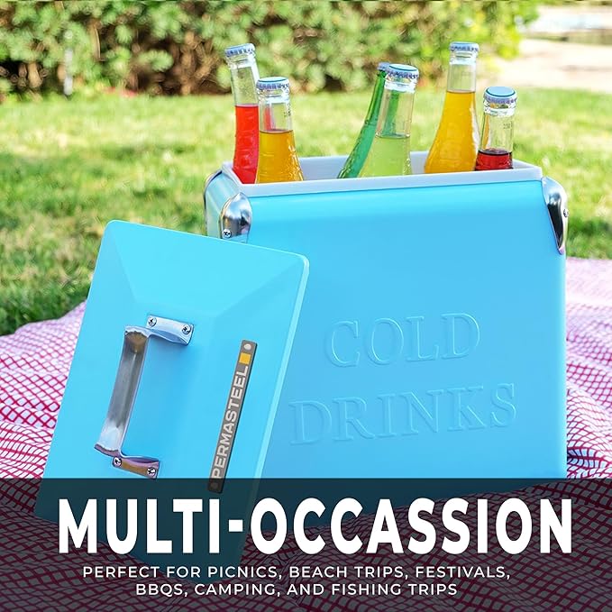 Permasteel 14-Qt Retro Vintage Portable Ice Chest, Hard Metal Personal Cooler for Camping, Beach, Picnic, Classic Style Ice Chest, Turquoise