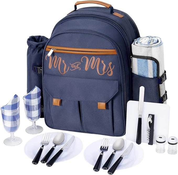 Couple Gifts 22L Picnic Basket Set, Blue Insulated Picnic Backpack for 2, Leak Proof Cooler Camping Gifts, Cool Bridal Shower Gifts Anniversary Engagement Wedding Gifts for Couples, Mr and Mrs Gifts