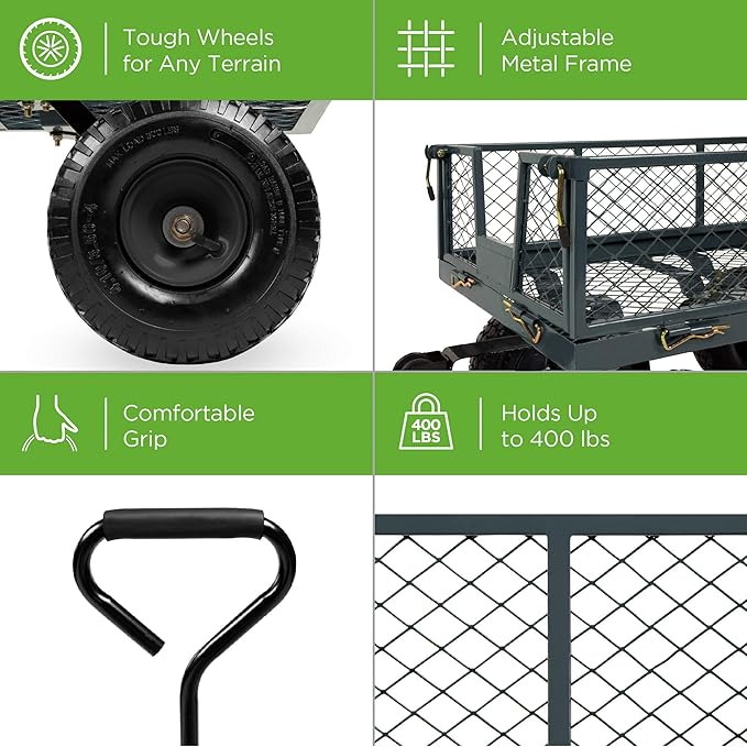 Best Choice Products Utility Garden Cart Wagon for Lawn, Yard w/Heavy-Duty Steel 400lb Weight Capacity, Removable Sides, Long Handle, 10in Tires - Gray
