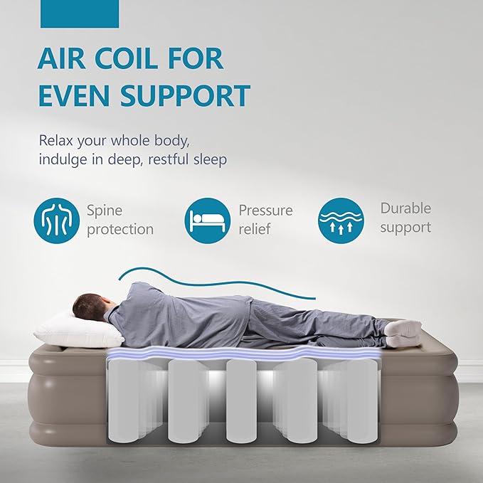 Air Mattress Twin with Built in Pump Raised, Comfort Plush Self Inflating Mattress, Inflatable Blow Up Mattress, Portable Airbed for Home, Guests, Camping(Khaki, 18” Height)