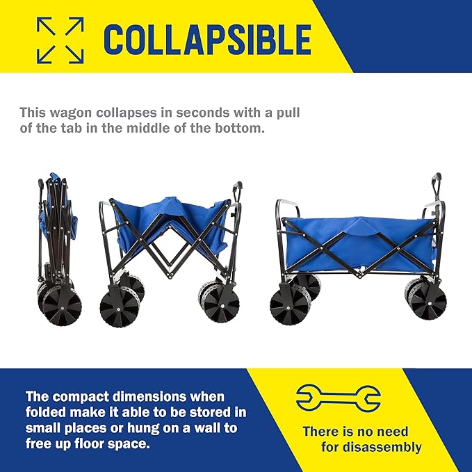 Wakeman Outdoors 75-CMP1097 Folding Wagon – Collapsible All-Terrain Utility Pull Cart with Extra Wide Wheels for Camping, Beach, Sports or Grocery Shopping