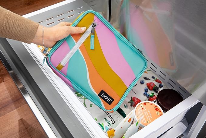 PackIt Freezable Classic Lunch Box, Retro Wave, Built with ECOFREEZE Technology, Fully Freezable, Collapsible, Reusable, With Zip Front Pocket and Buckle Handle, Designed for Fresh Lunch On the Go