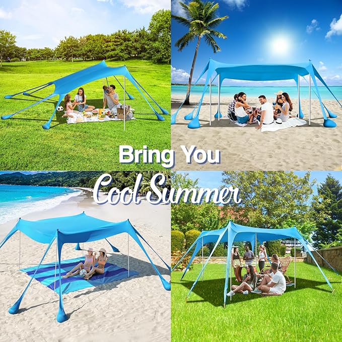 Rhino Valley Beach Tent Sun Shelter, Beach Canopy Tent Sun Shade UPF50+ Protection with 8 Sandbags 4 Stability Poles, Outdoor Beach Shade Canopy for Beach, Camping, Fishing