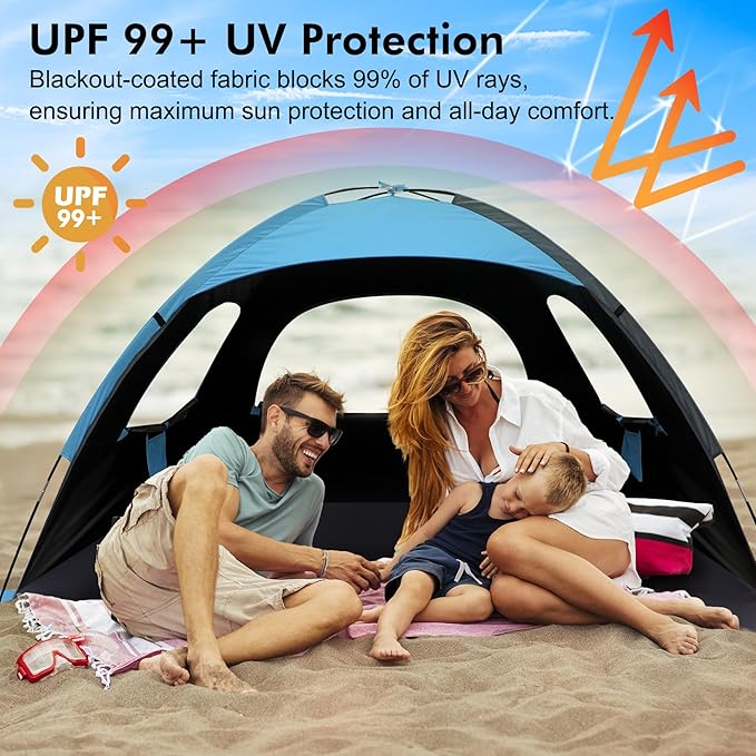 WhiteFang Beach Tent Anti-UV Portable Sun Shade Shelter for 3/4/6/8 Person, Extendable Floor with 3 Ventilating Mesh Windows Plus Carrying Bag, Stakes and Guy Lines
