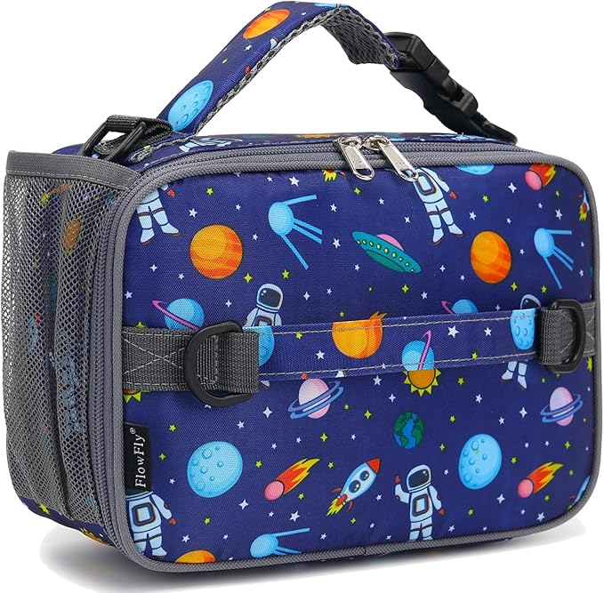 FlowFly Kids Lunch Bag, Durable Insulated School Lunch Box with Shoulder Strap and Bottle Holder, Water-resistant Thermal Small Lunch Cooler Tote for Teen Boys & Girls,Astronaut
