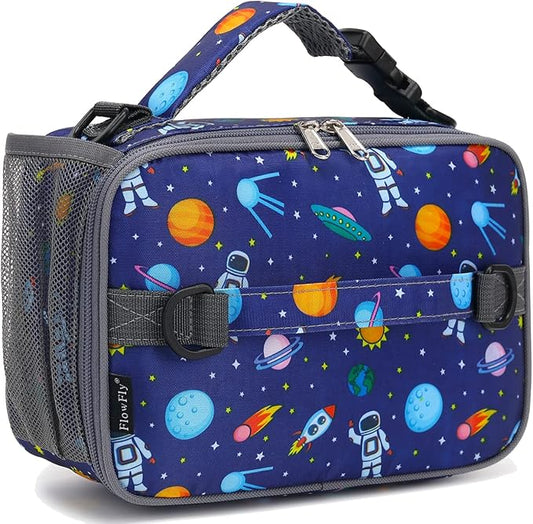 FlowFly Kids Lunch Bag, Durable Insulated School Lunch Box with Shoulder Strap and Bottle Holder, Water-resistant Thermal Small Lunch Cooler Tote for Teen Boys & Girls,Astronaut