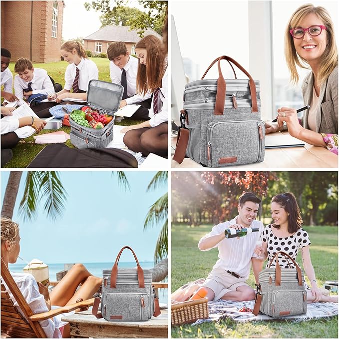 LOKASS Lunch Box for Women, 16L, Double Deck Expandable Insulated Lunch box For Adults/Women Thermal Large Waterproof Leakproof Cooler Bag with Shoulder Strap - Grey