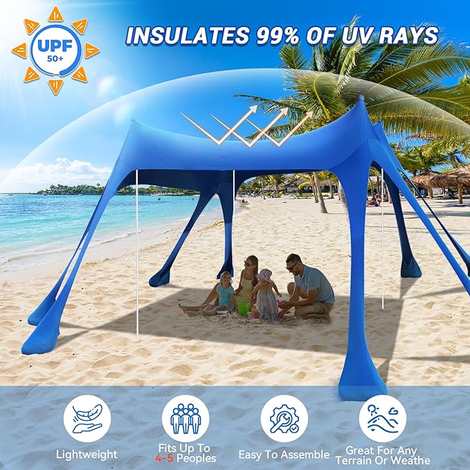Beach Tent, UPF50+ Protection Sun Shade Canopy with 8 Sand Bags, Sturdy and Durable,Easy to Install, Outdoor Beach Tent Sun shelter for Camping Trips, Backyard，Picnic (9.8 x 9.8 Ft, Dark Blue)