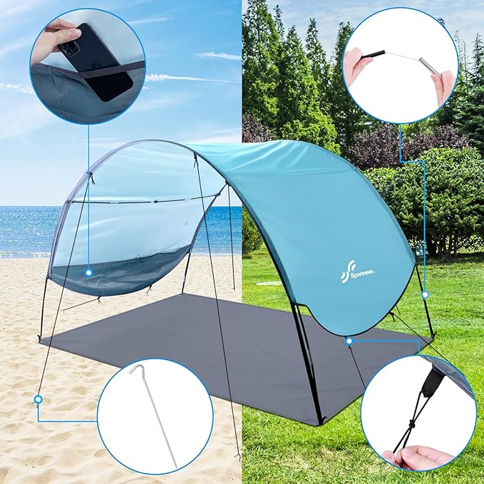 Sportneer Beach Tent Sun Shelter Beach Shade Canopy UPF 50+ UV Protection with 8 Wind Ropes and 12 Ground Stakes for Beach Camping Backyard Picnic Outdoor