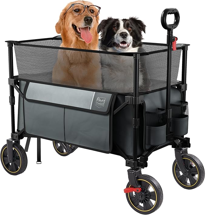 TIMBER RIDGE 350L Extra Large Collapsible Folding Wagon Carts with Brake, Heavy Duty Outdoor Camping Utility Wagons with Extended Height, Adjustable Handle, Cup Holders, Side Bag (Gray)