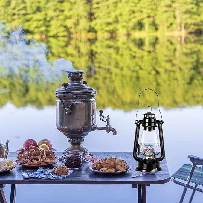 Hortsun 2 Pcs Black Vintage LED Camping Lanterns Warm LEDs and Dimmer Switch Battery Operated Metal Hurricane Farmers Hanging Lantern for Indoor Outdoor Usage Decor (12 Inch)