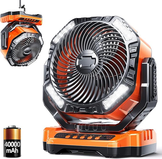 Camping LED Fan with Light, 40000mAh Rechargeable Battery Powered Outdoor Tent Fan with Light and Hook, 4 Speed, Personal USB Desk Fan for Camping, Fishing, Power Outage,Hurricane, Worksite