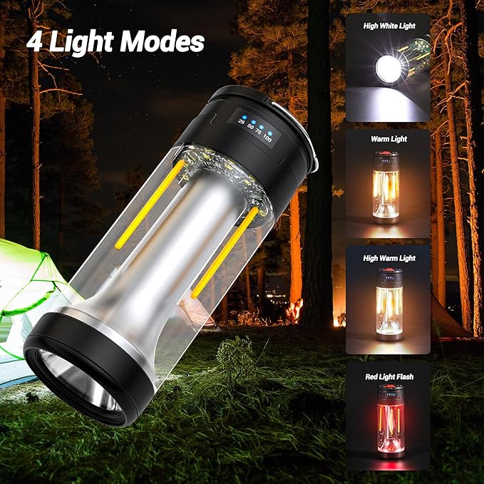 FZH Camp Lantern Rechargeable, Camp Light Flashlight with Magnetic, Power Bank, White/Warm/Red SOS Light Mode for Emergencies, Camping, Hiking,Tent